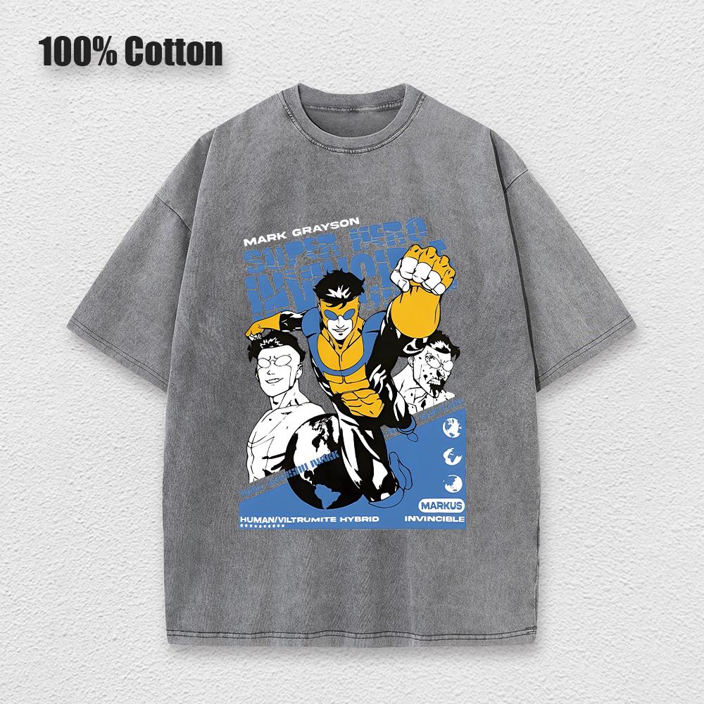 Ladies Invincible Hero Vintage Printed Tees Cotton Loose Washed T-Shirt Clothes Vintage Short Sleeve Crew Neck T-Shirt Unisex