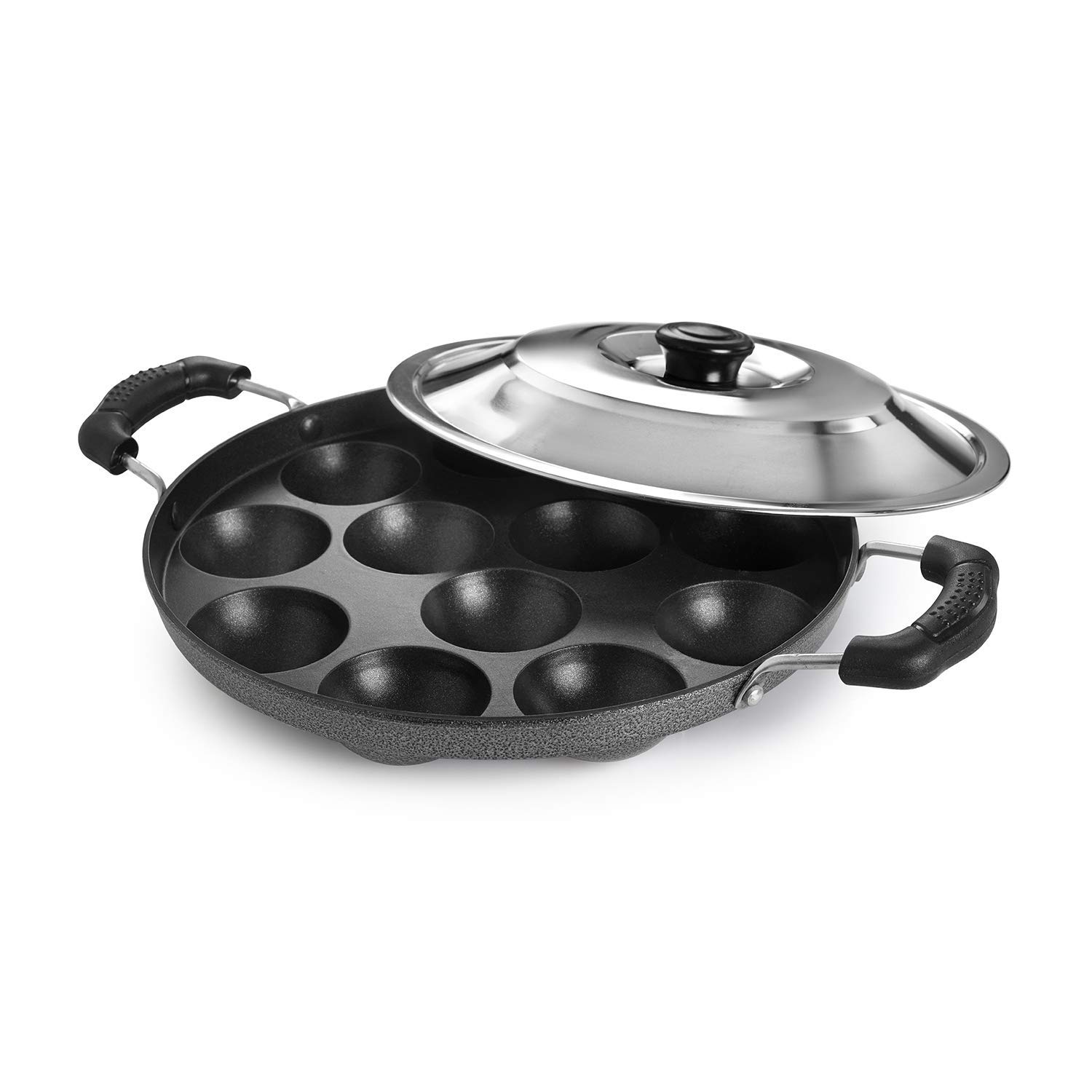 

Cello Non Stick Appam Patra Pan For Quick Healthy Cooking With 12 Cavity And Steel Lid Easy Clean Gold Black Design