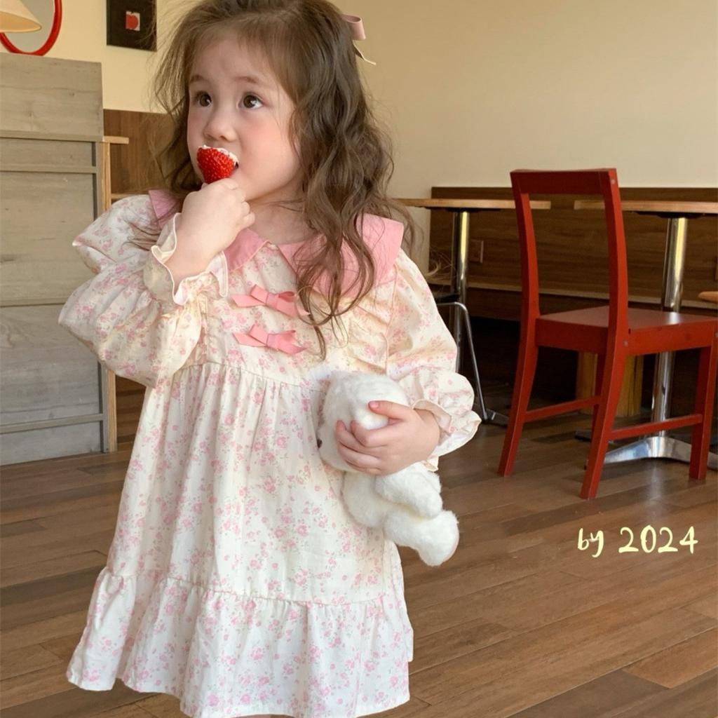 Vestido de menina francesa primavera e outono estilo coreano floral elegante vestido de princesa infantil