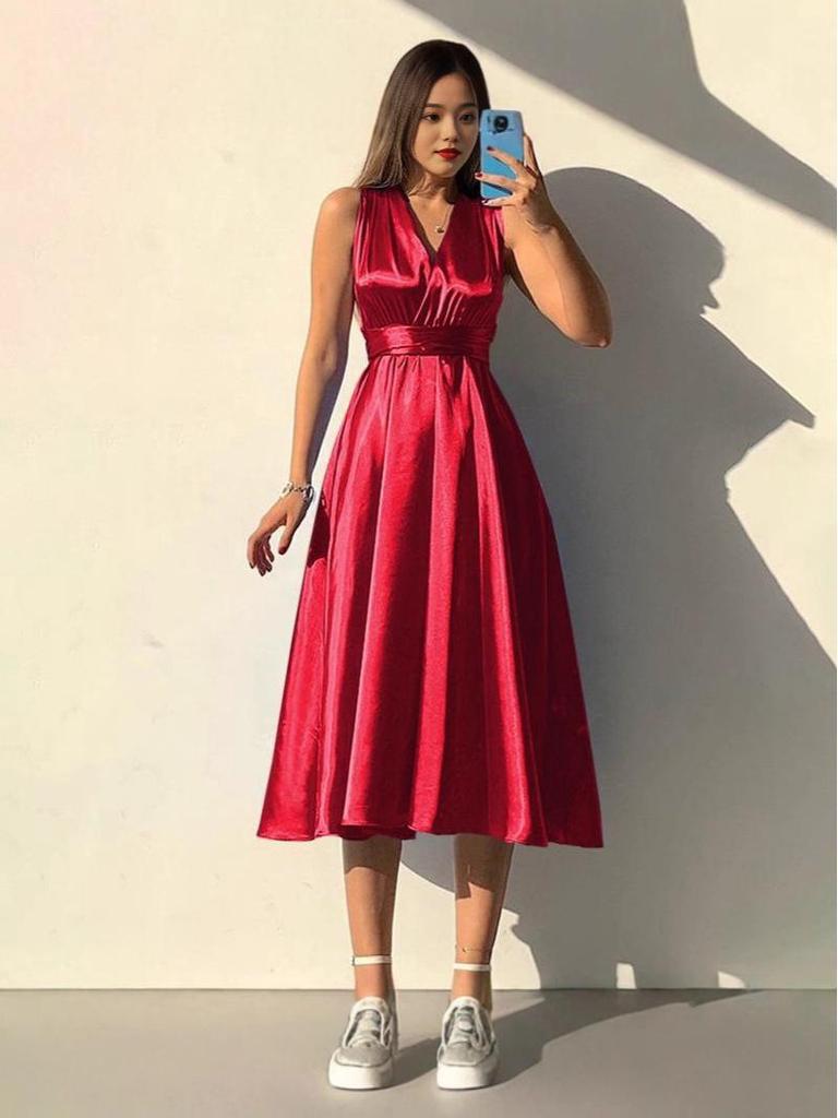 2025 Frühling/Sommer Rückenfreies V-Ausschnitt Einfarbiges Wickel-Abendkleid