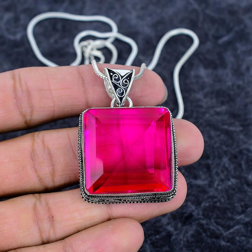 Pink Rubillite Gemstone Handmade 925 Sterling Silver Jewelry Pendant 1.89" M-3225