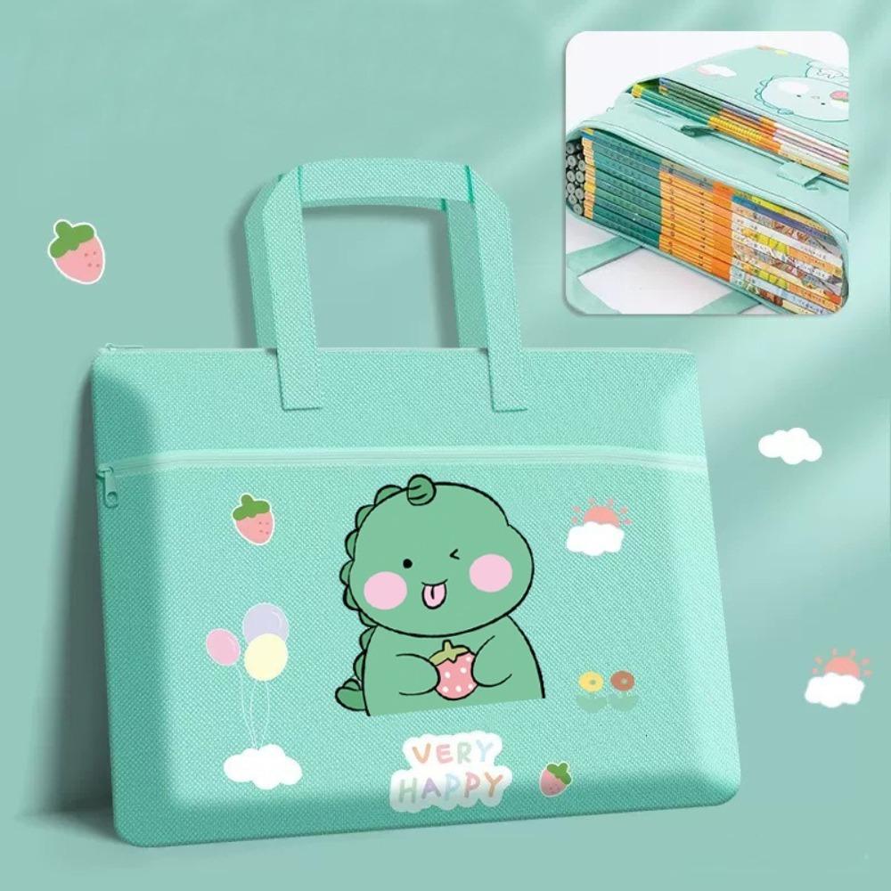 New Double Layer Cartoon File Bag Canvas Zipper File Bag Cartoon Large Capacity Student Tote Tutoring Class
