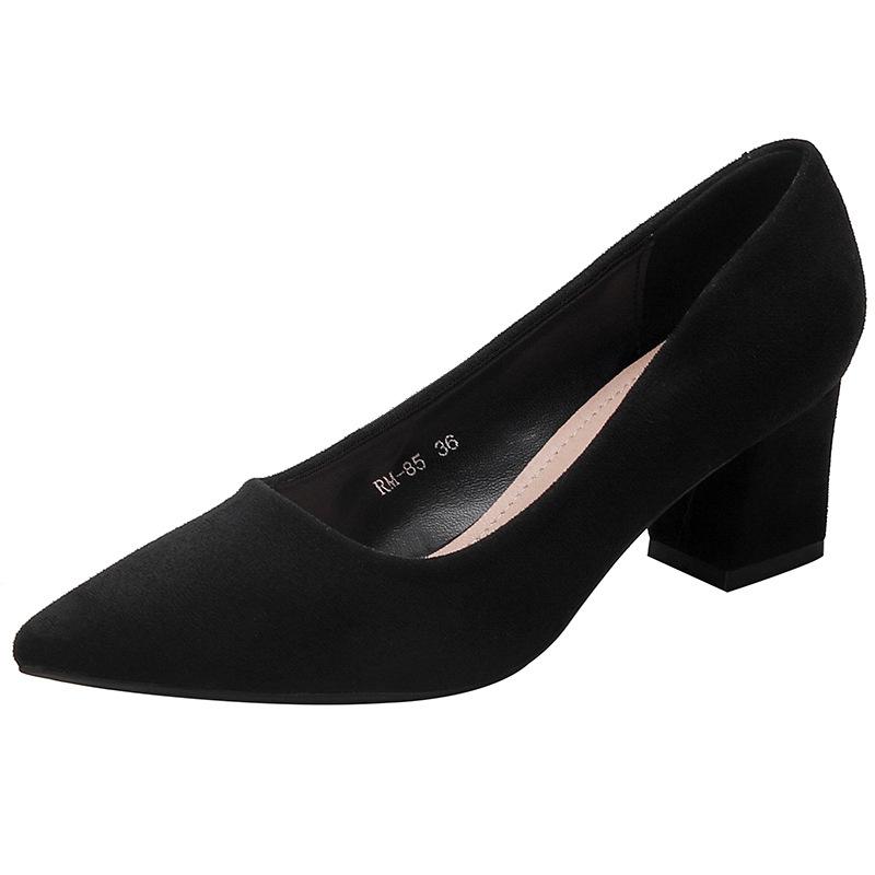 Scarpe nere con tacco alto da donna a punta, per stare a lungo al lavoro, versatilità professionale, tacchi spessi al lavoro, etichetta in camoscio