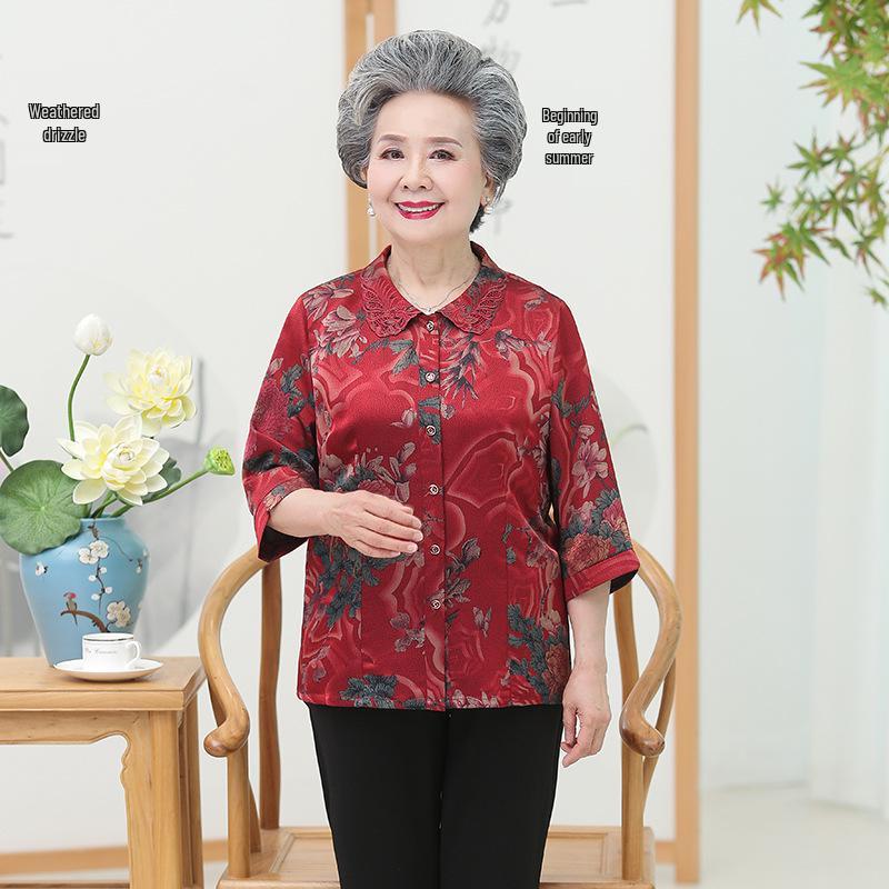 

Elegant Silk Satin Shirt for Mature Women - Plus Size Tops for Mothers and Grandmothers XL (100-110 jin) красный