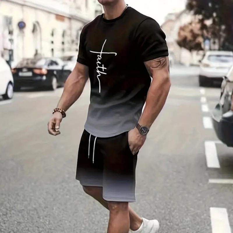 Gradient Men's Suit Casual New Short Sleeve With Shorts 3d Letter Faith Printed T-Shirt And Drawstring  Shorts 2-Piece Sets