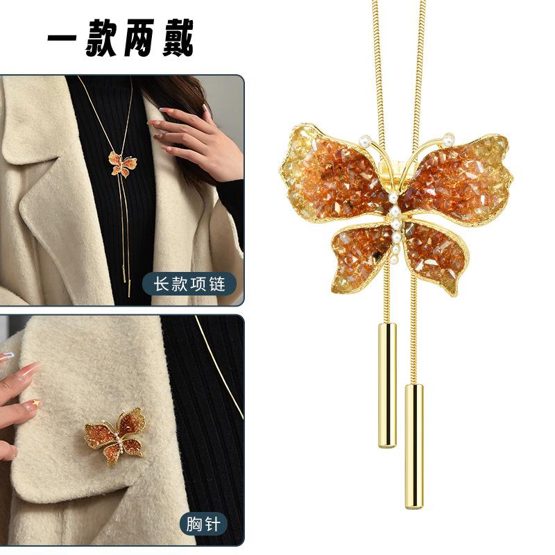Suijue Pearl Sweater Chain Two Wear Crystal Flower Long Necklace Titanium Steel National Style Two Wear Function