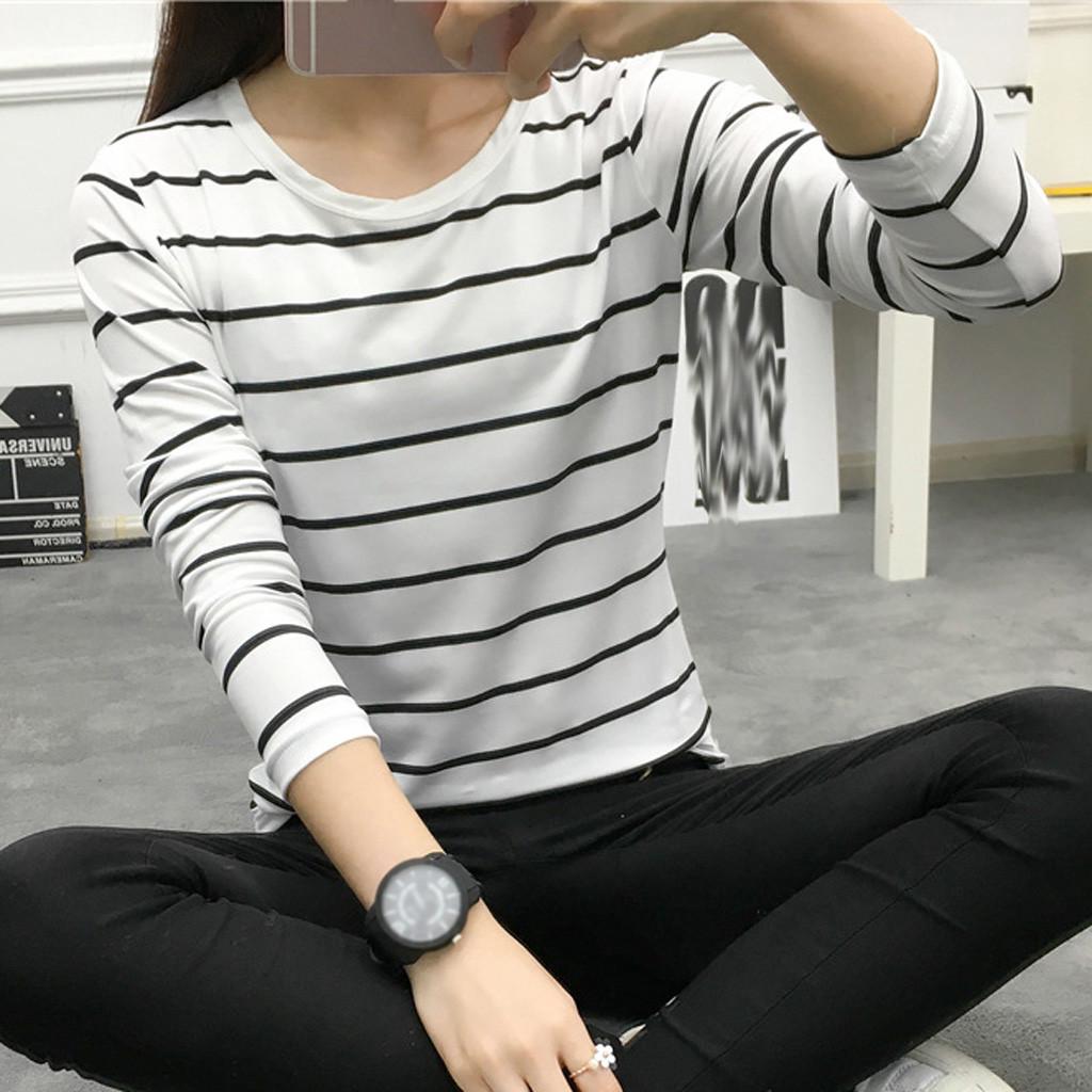 Women Korean Version Loose Stripe Long Sleeve  Bottoming Shirt Casual Tops