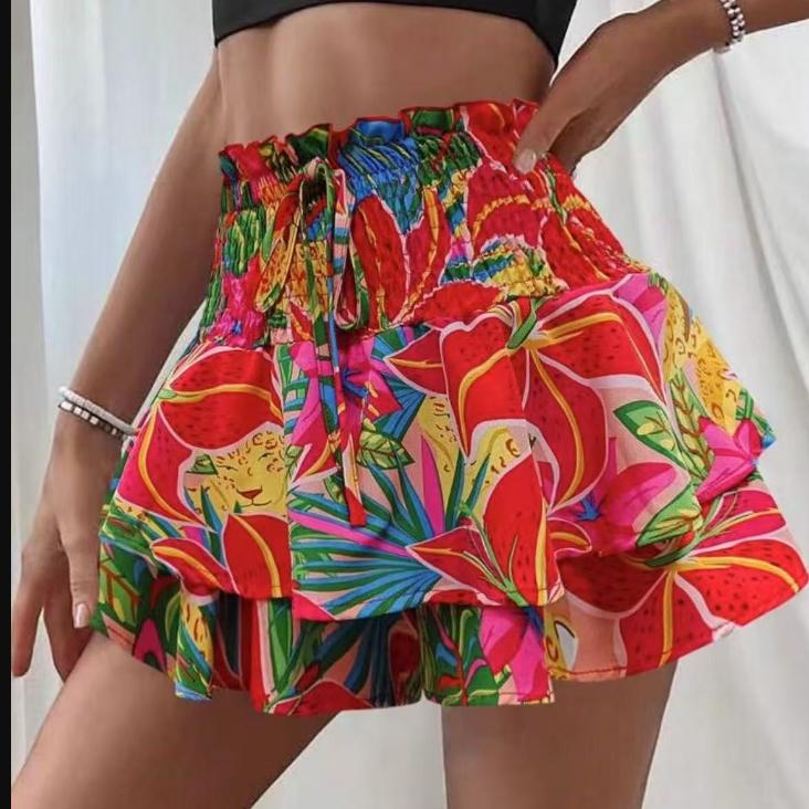 Women's Fashion Floral Skirt Pleated Skirt Ruffle Printed Short Skirt