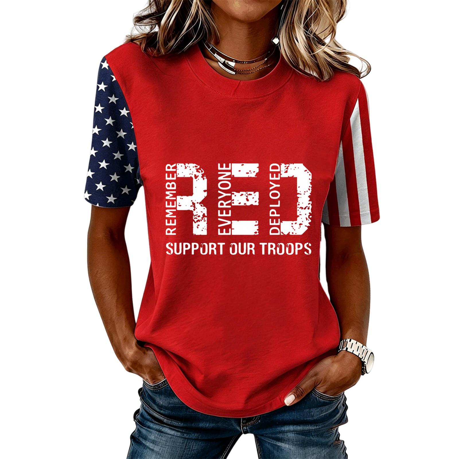

Women Casual Short Sleeve T Shirt Crew Neck Letter Print Top Stars and Stripes Sleeve Design Comfortable Fit XXL білий