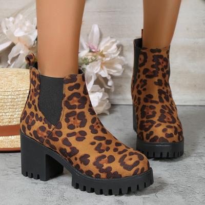 Mode Mode Léopard Bottines à Talons Épais Femmes 2024 Automne Nouvelles Chaussures à Plateforme à Enfiler Femme Antidérapantes Talons Hauts Bottines Chelsea