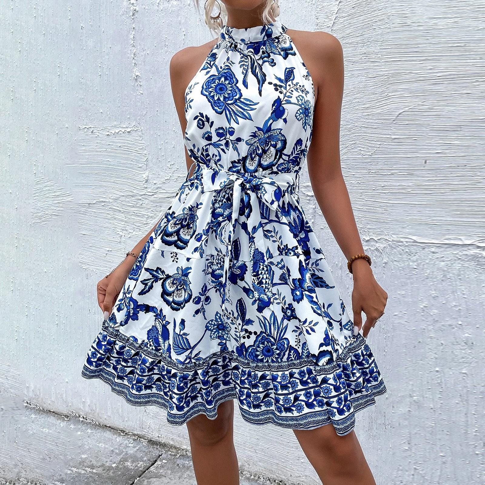 Women s Fashionable Floral Print Neck Tie Waist Cinching Sleeveless Dress M