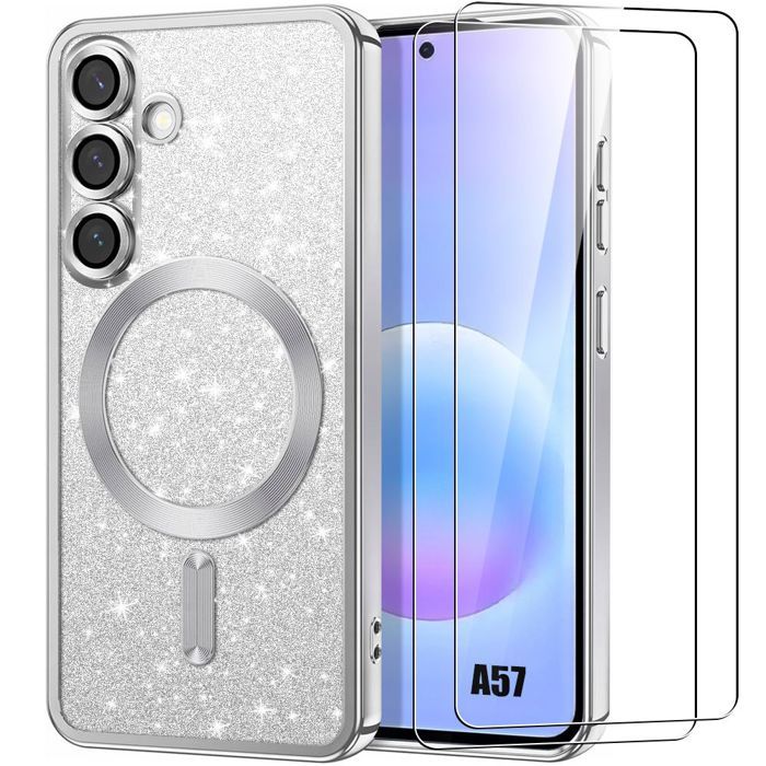 Coque pour Samsung Galaxy A57 5G, avec Anneau Magnétique - Argenté - 2 Verres Trempés