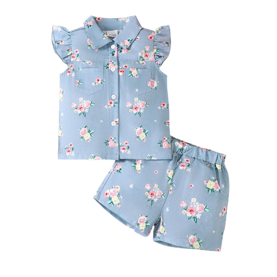 Fashion Baby Girl 2PCS Floral Print Outfit Set Ruffle Sleeve Button Down Shirt + Shorts for 0-3Y Newborn Casual Summer Clothes