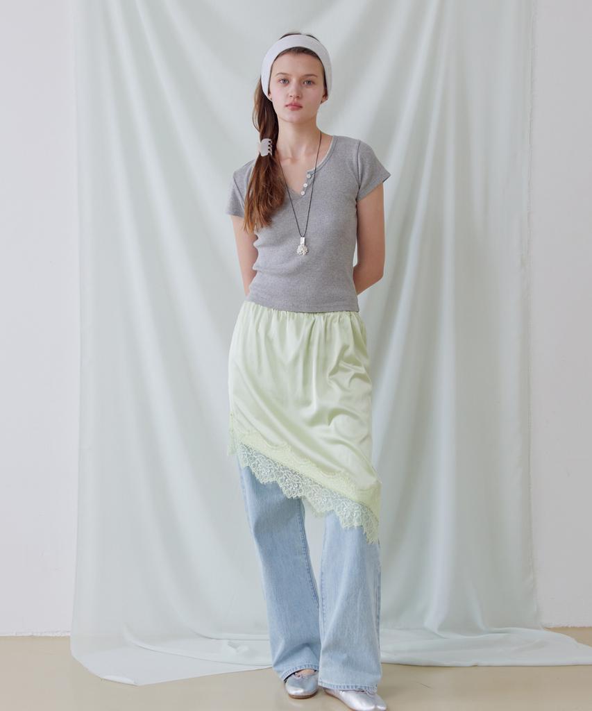 Minssio Satin Lace Layered Midi Skirt_Green