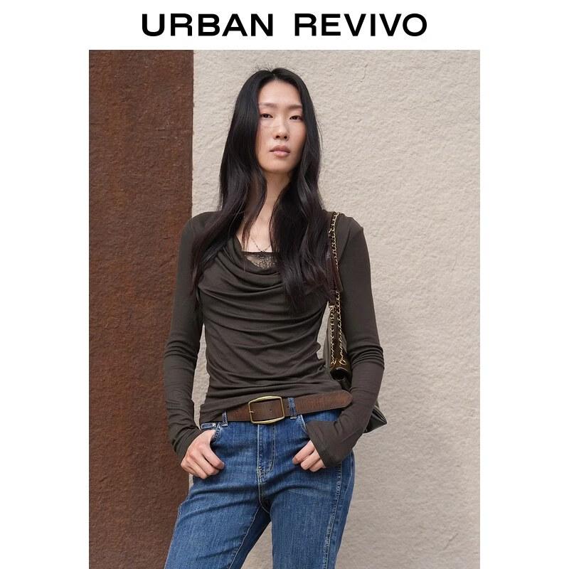 UR 2026 Spring Lace Splice Cowl Neck Pleated Slim Fit T-shirt
