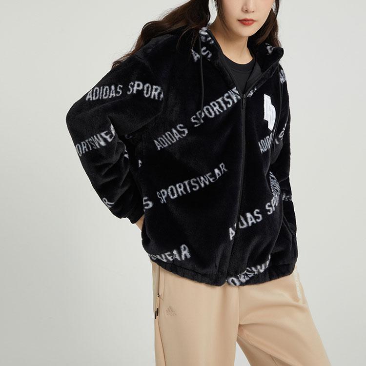 Adidas Letter Print Oversized Hoodie Jacket Women Jacket Black IB2751