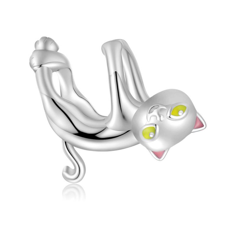 WOSTU 100% 925 Silver Cute Kitty Black Cat Charms Animal Bead for Women Fit DIY Bracelet Necklace Jewelry Gift