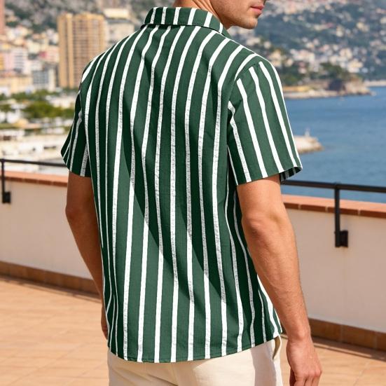 Men Striped Summer Shirt Short Sleeve Turndown Collar Button-up Shirt Casual Loose Fit Holiday Shirt for Beach Party Vacation Date