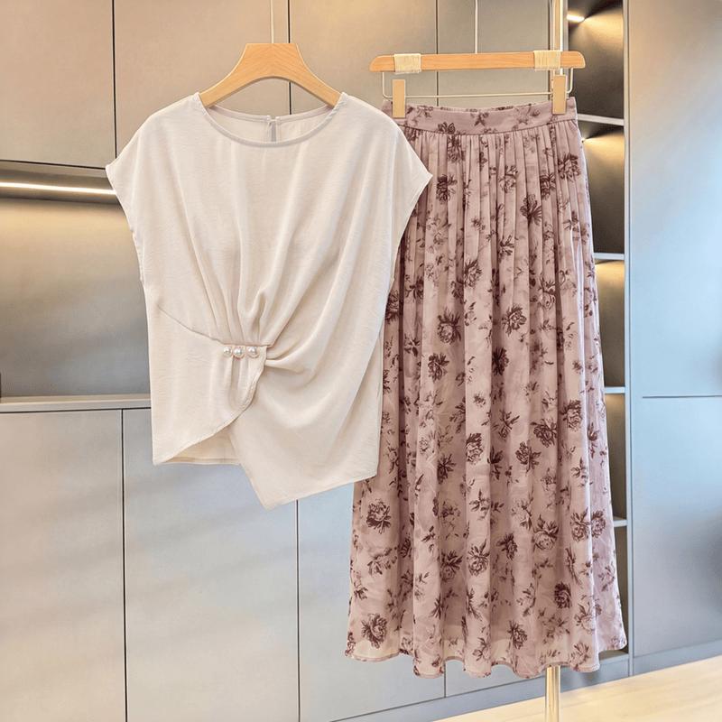 Yuzhaolin Women s Floral Pleated Summer Two-Piece Set XXL