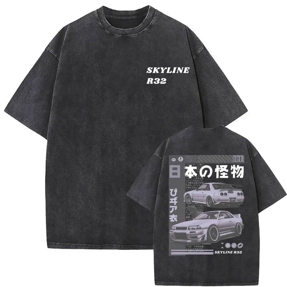 Anime Initial D Drift AE86 Washed Vintage Print T-shirt RX-7 R34 Skyline GTR JDM T-shirts Men's Harajuku Cozy Oversized T Shirts