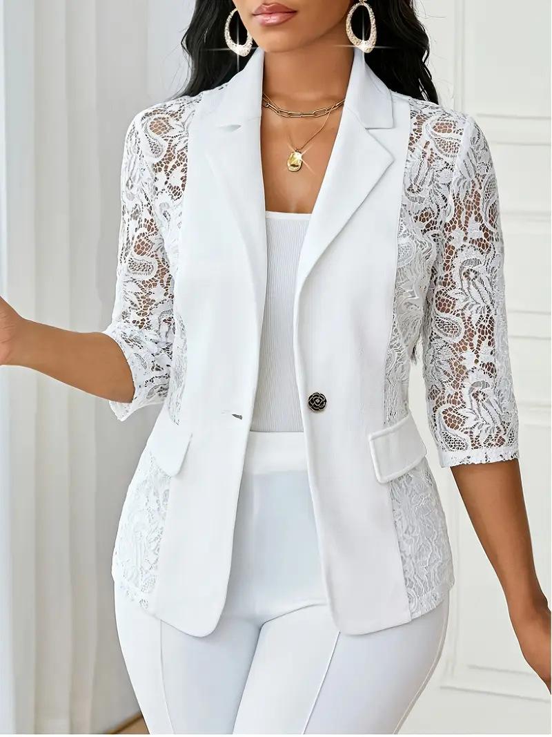 

Women s Lace Sleeve Blazer Jacket Three Quarter Sleeve Single Button Front Open Work Office Coat M