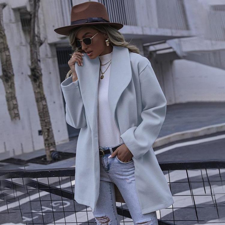 Fashion Women Woolen Coat Long Lapel Winter Autumn Coat S синий