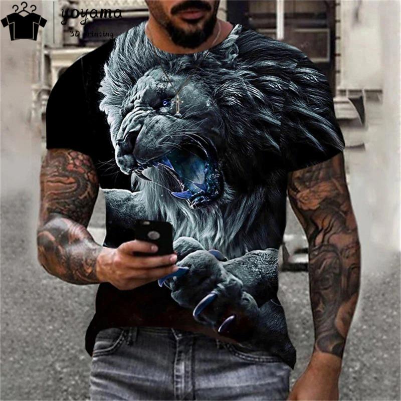Męski T-shirt z krótkim rękawem z okrągłym dekoltem i nadrukiem cyfrowym 3D tygrysa - Modny Oddychający Wygodny Top na Lato Oversize