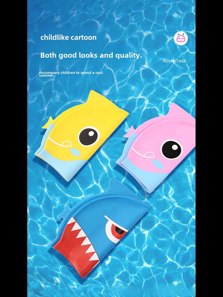 Vysoce elastické silikonové plavecké čepice pro všechny věkové kategorie - Pohodlné, netuhé s potiskem žraloka a ochranou uší pro muže, ženy a děti