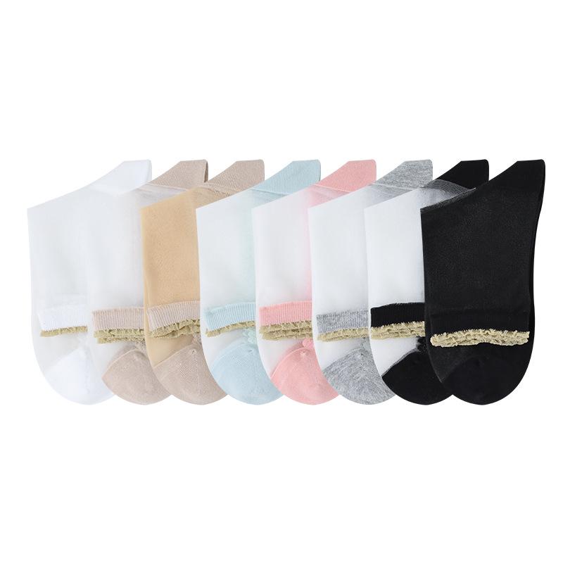 5 Pairs Lace Glass Stockings for Children Spring and Autumn Transparent Cotton Sole Anti-hook Crystal Socks Short Socks