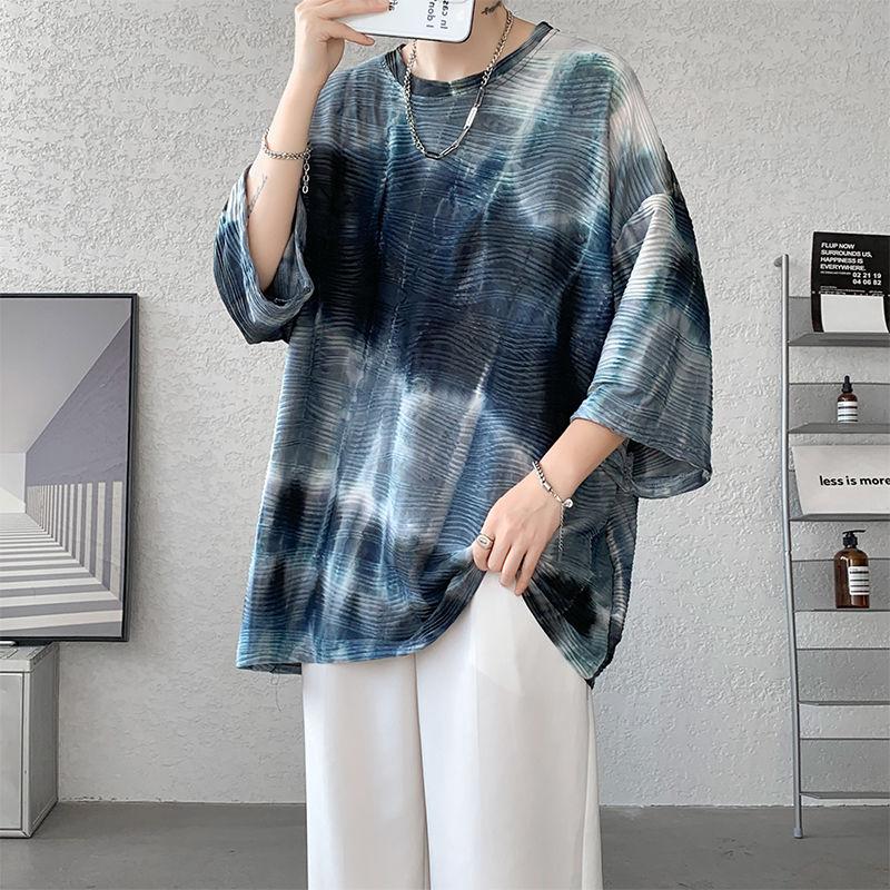 

Винтажные футболки тай-дай с принтом, свободного кроя, мужская одежда, контрастные цвета, летние, повседневные, с рукавом до локтя, молодежная жизненная сила, пуловеры XXXL темно-синий