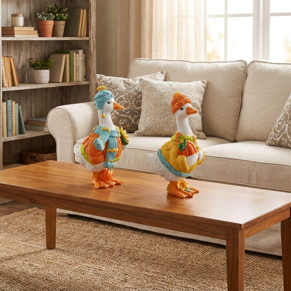 Rustic Style Autumn Pumpkin Duck Ornament Colorful Duck Figurine Goose Statue Lawn Ornament  Yard