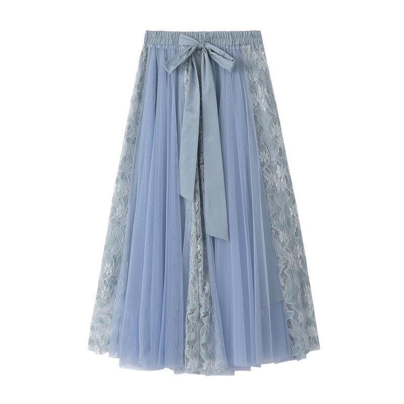 Spring New Style All-match Bow Tie High Waist Lace Embroidered Stitching Mesh Skirt Princess Style Tutu Skirt