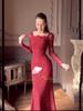 Europäisches & Amerikanisches Retro-Spitzen-Meerjungfrauenkleid: Herbst 2025 Edition, Langarm-Langrockkleid.