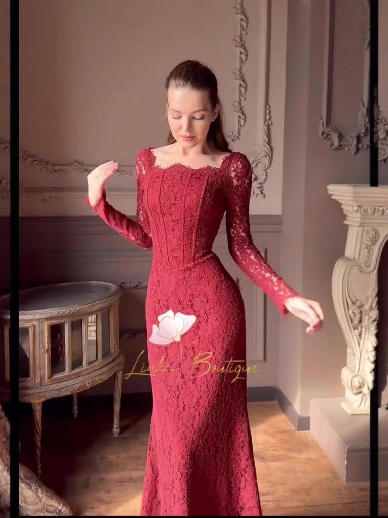 Europäisches & Amerikanisches Retro-Spitzen-Meerjungfrauenkleid: Herbst 2025 Edition, Langarm-Langrockkleid.