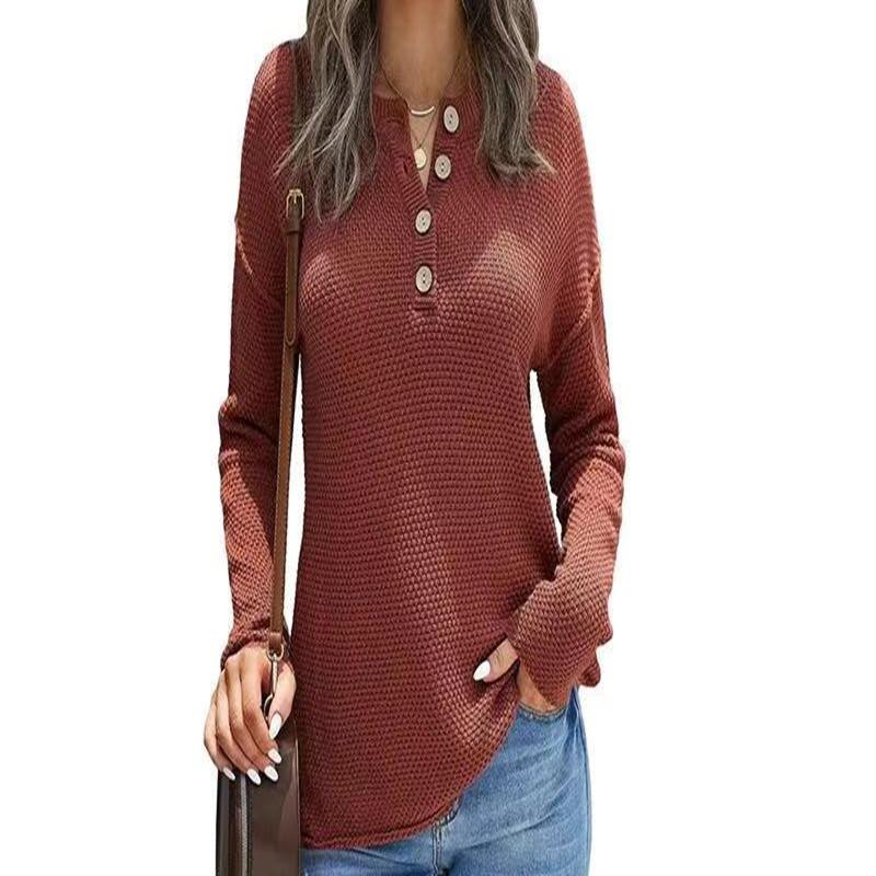 Women S Solid Color Half Open Button Pullover Long Sleeve Sweater