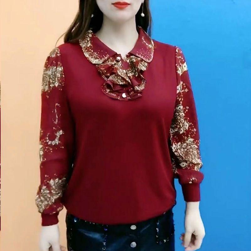 Casual Vintage Printed Shirt Commute Peter Pan Collar Button Spring Autumn Women's Clothing Fashion Ruffles Spliced Loose Blouse