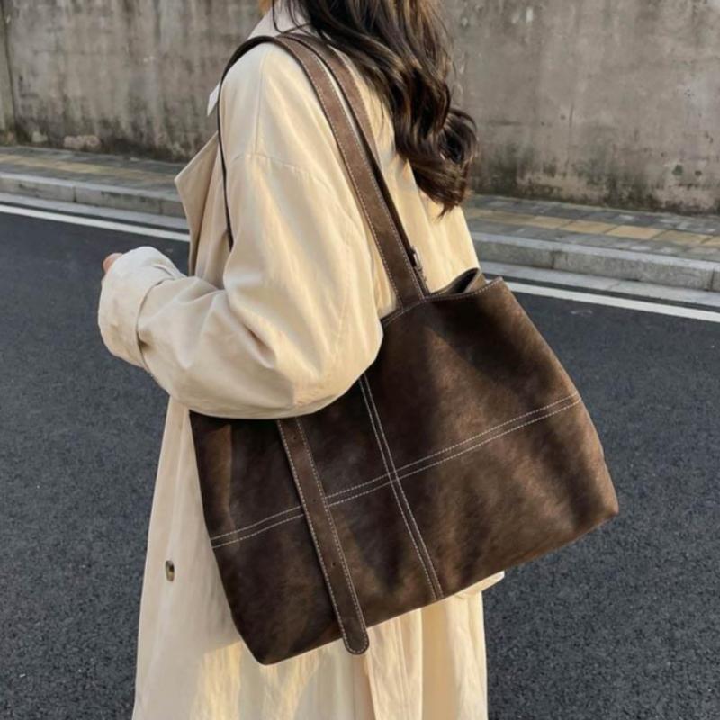 Vintage Suede Tote Bag for Women Large Capacity Casual Shoulder Bag Retro Cross Quilting Soft Hobo Handbag for Daily Commute Work Shopping Travel