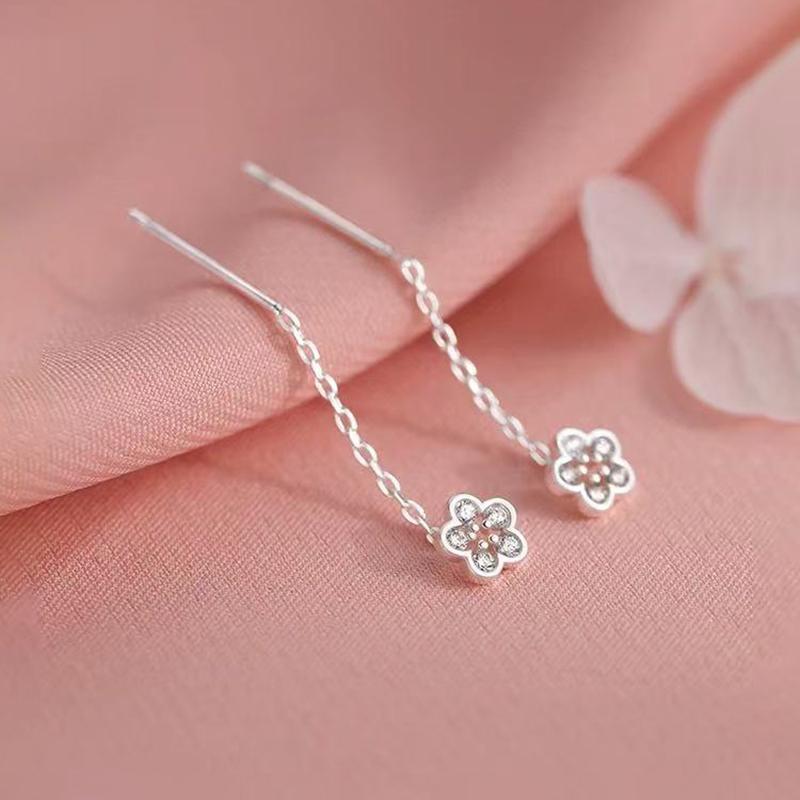Real 925 Silver Zircon Flower Short Tassel Stud Earrings For Women Classic Fine Jewelry Advanced Feeling Accessories