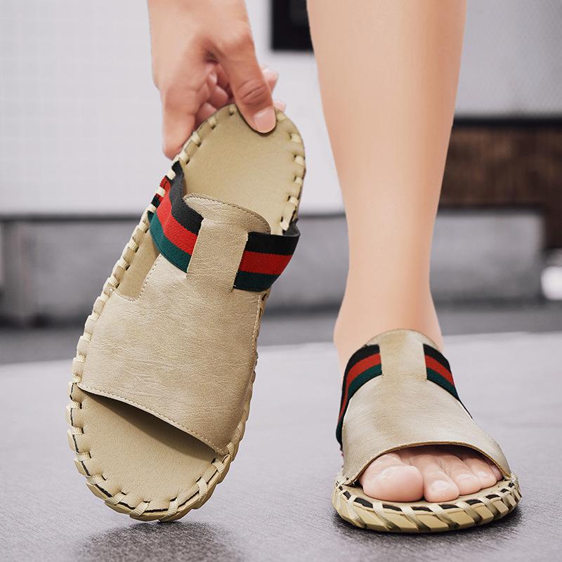 Summer New Leather Flat-bottomed One-word Slippers for Men's Daily Home Outdoor Beach Two Wear Cool Slippers