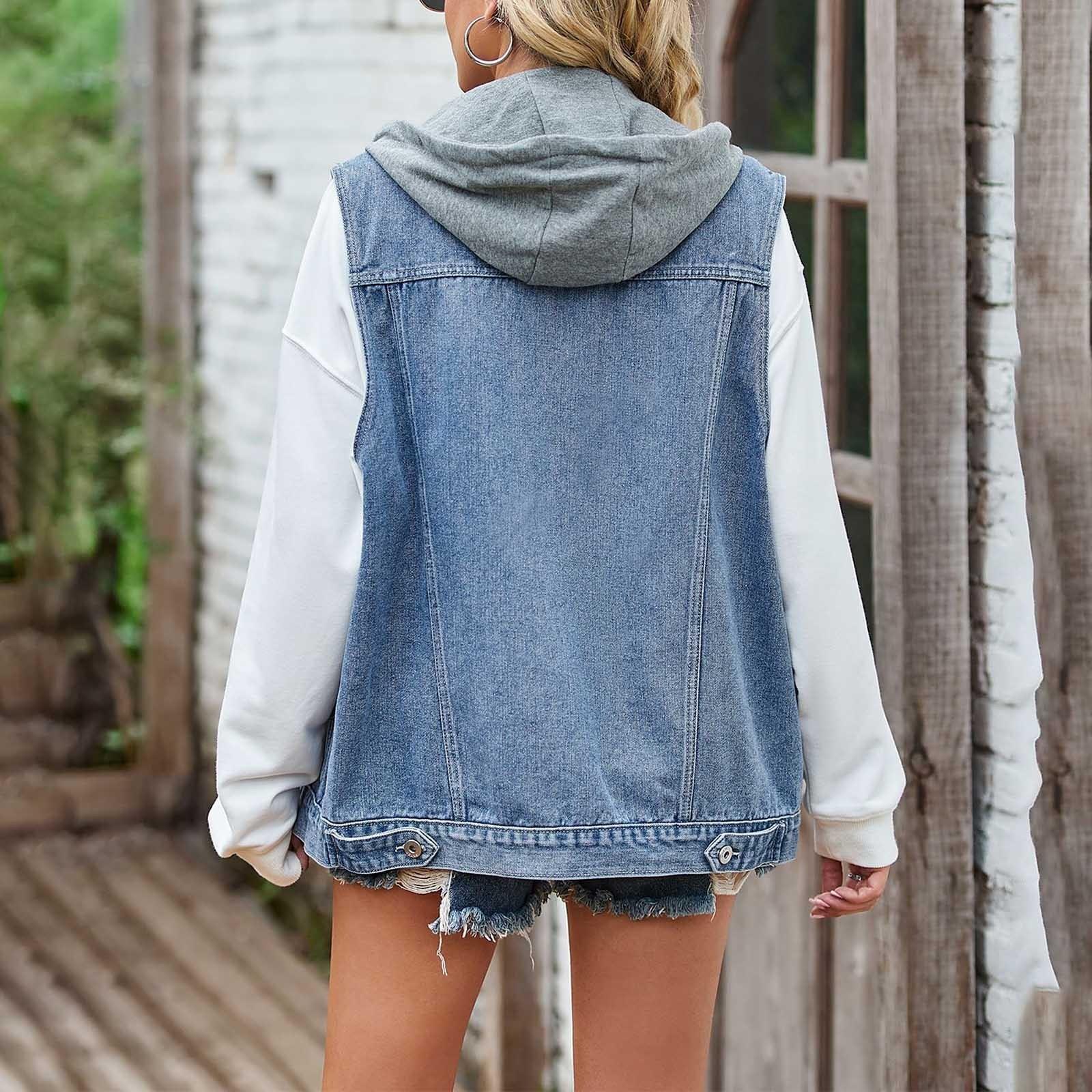 Женская повседневная свободная винтажная джинсовая жилетка с капюшоном XL синий — фото 5