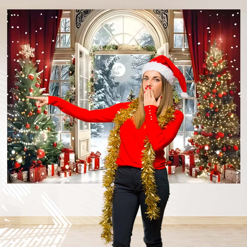 Christmas Backdrop Winter Window Xmas Tree Fireplace Gifts Family Kids Party Christmas Eve Decoration Photography Backgrounds
