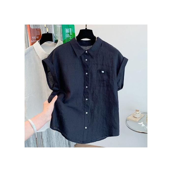 Women's Polo Collar Short Sleeve Linen Blend Shirt Loose Fit Vintage Casual Blouse For Summer Daily Wear Pocket Button Down Solid Color Top