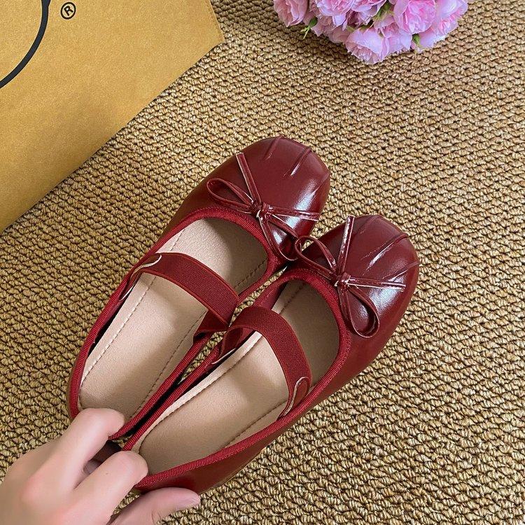 French ballet single shoes women's sweet bow red silk small leather shoes round head high heel Mary Jane single shoes women