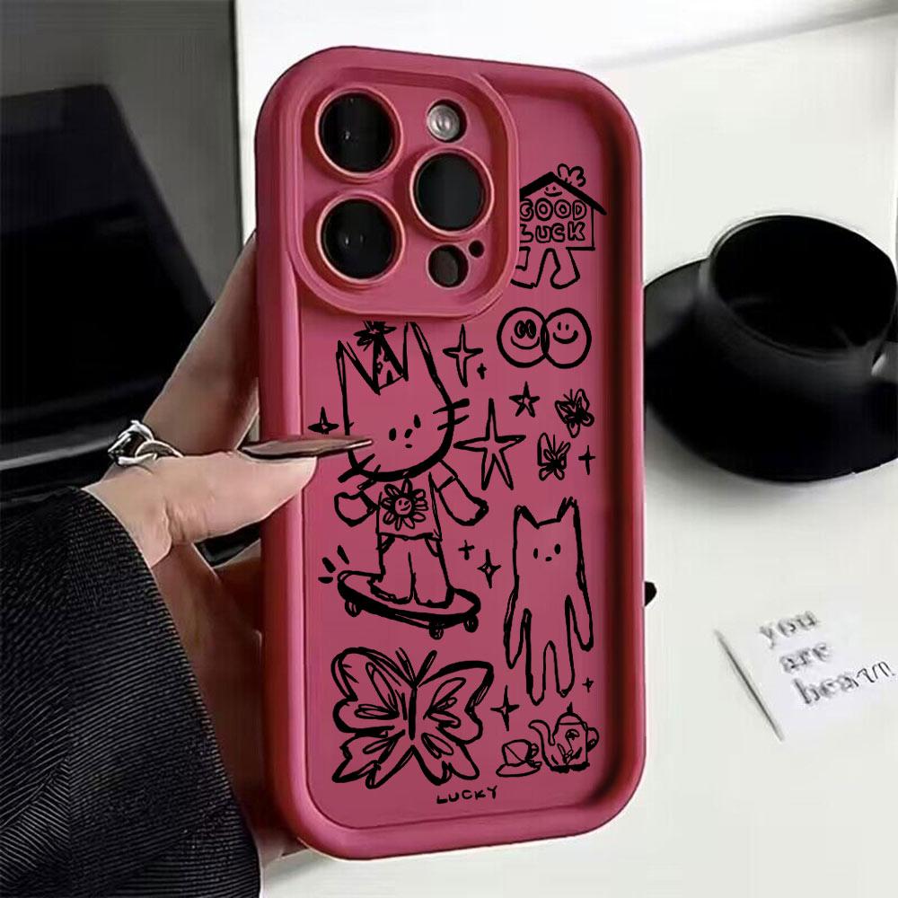 Cute Black Kitten Sketch Cat Phone Case For iPhone 17 Air 16 E 15 14 13 12 11 Pro Max Plus Mini SE 2020 2022 Soft TPU Back