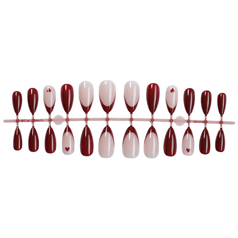 

Valentine s Day French Burgundy Solid Color False Nails - Handmade Wearable Nail Art Patches