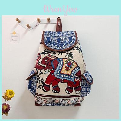 Elephant Pattern Traditional Embroidered Canvas Backpack With Drawstring Closure