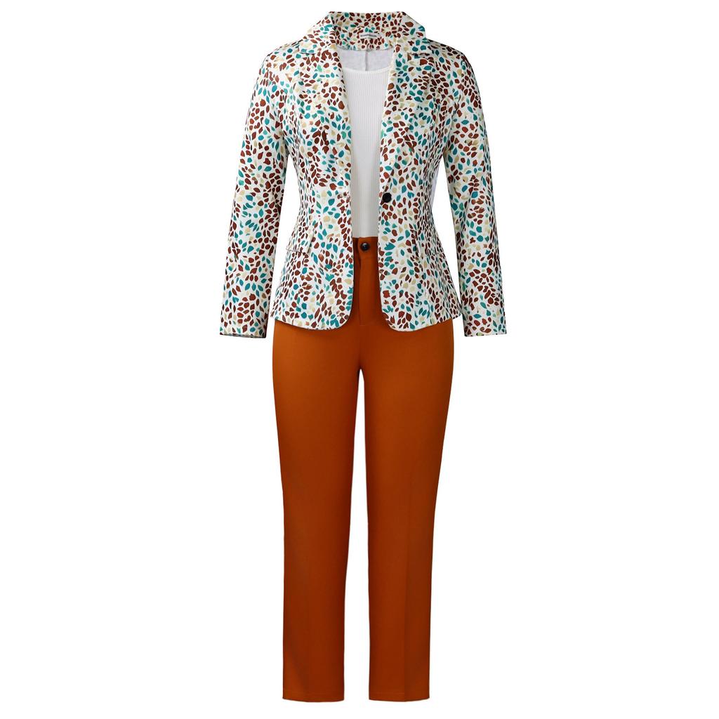 Womens Leopard Print Blazer and Straight Leg Pants Suit Set