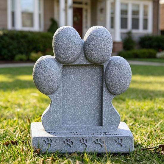 Imitation Stone Pet Tombstone with Paw Print Photo Frame Weather-Resistant Resin Memorial Stone for Dogs And Cats Engraved Base for Custom Pet