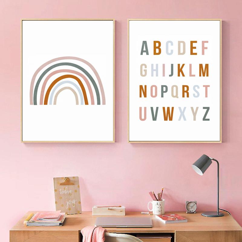Rainbow ABC Alphabet Poster Quotes Print Nursery Wall Art Canvas Painting Child Bedroom Pictures Kids Gift Baby Room Home Decor