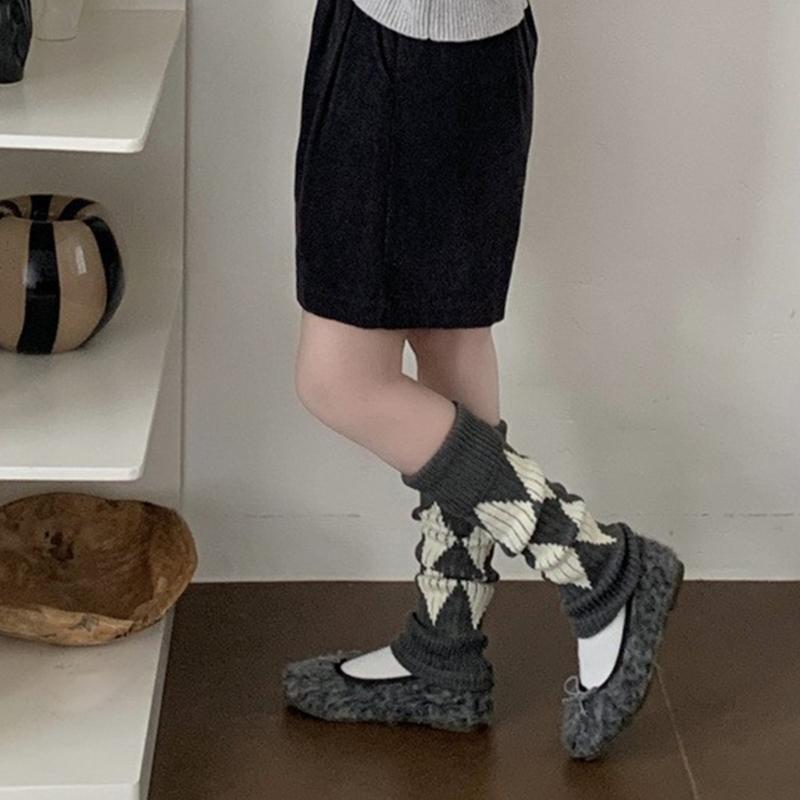 Argyle Pattern Wool Knitted Turn Cuffs Leg Warmers for Women and Students Cold Weather Foot Covers Footless Calf Socks